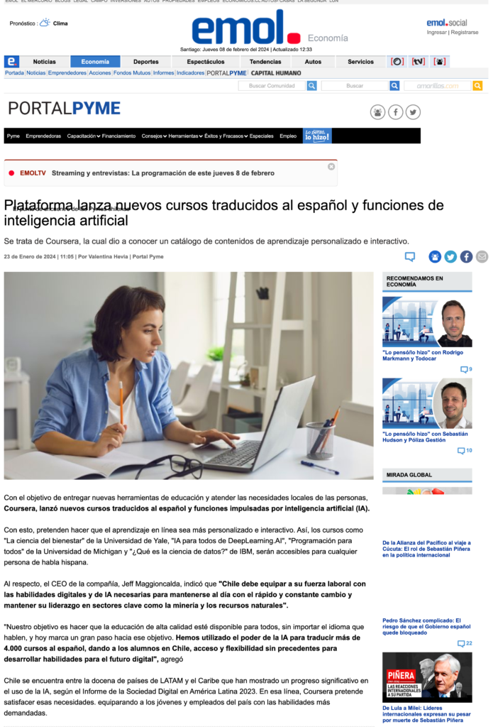 Atención chilenos: Coursera traduce 4.000 cursos al español y lanza nuevas funciones de IA para atender a los alumnos locales￼